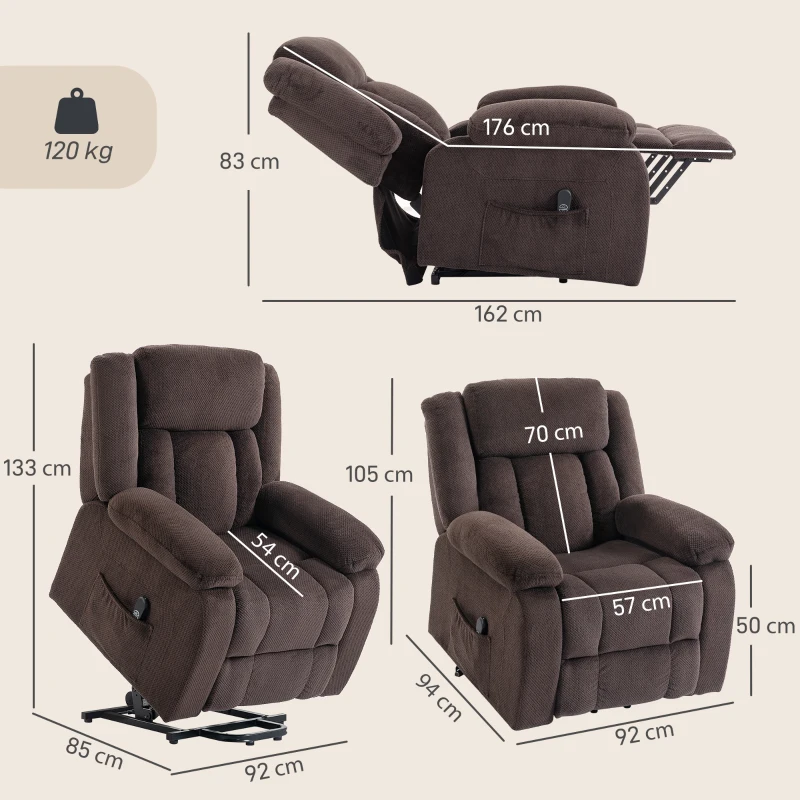 HOMCOM Sillón Relax Reclinable Eléctrico Levanta Personas con Puerto USB Control Remoto Asiento Ancho Reposapiés Marrón
