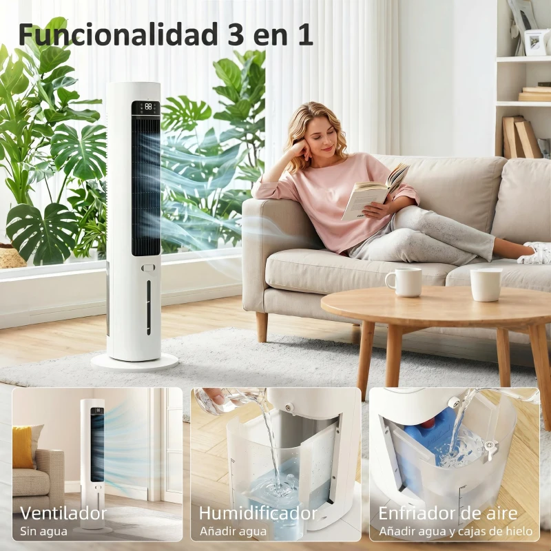 HOMCOM Climatizador Evaporativo 3 en 1 con Depósito de 3 L Oscilación 48° 3 Velocidades 3 Modos Temporizador 12h Blanco