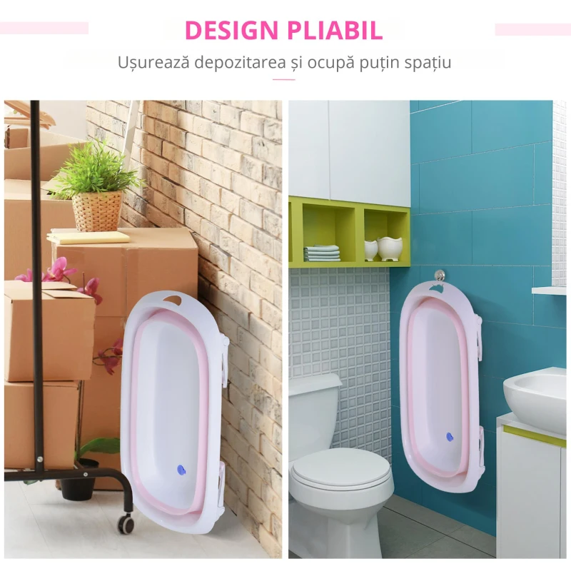 HOMCOM Cădiță de Baie Pliabilă pentru Nou-Născuți și Bebeluși, Antiderapantă, cu Dop de Evacuare a Apei, Design Ergonomic, Roz