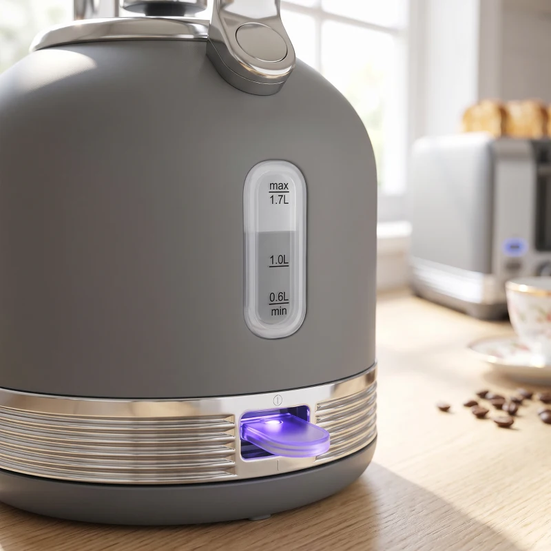 HOMCOM Stainless Steel Kettle and Toaster Set, 1.7L 3000W Cordless Fast Boil Kettle, 4 Slice Toaster Kitchen Set, Grey