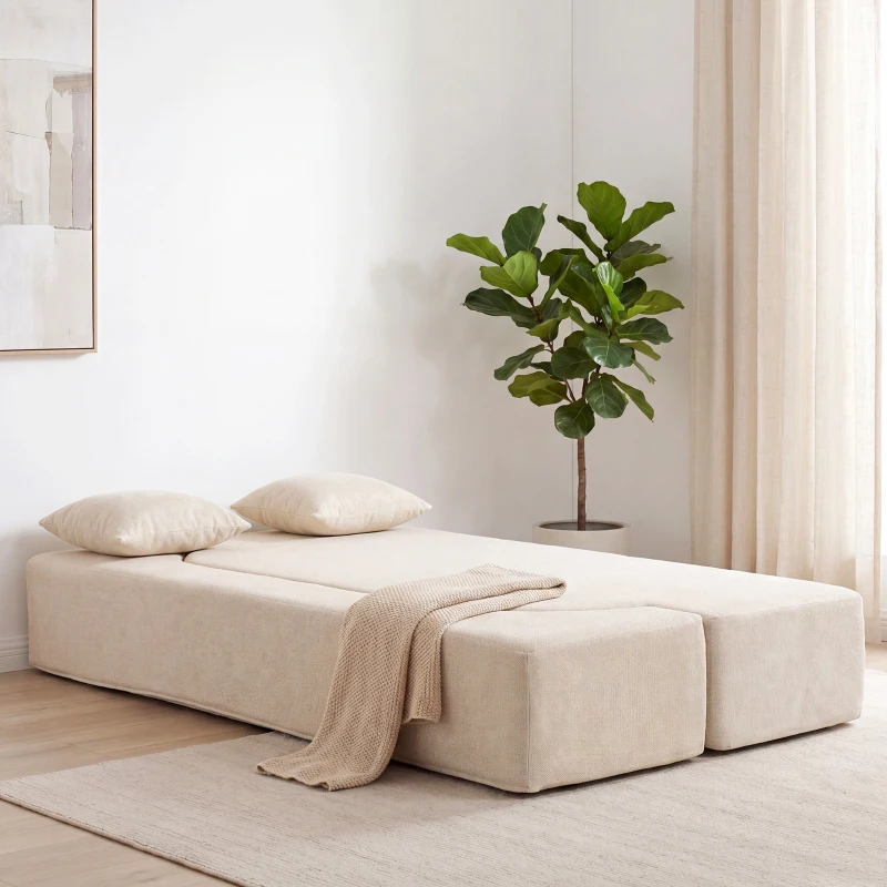 HOMCOM Canapé Convertible 2 Places, Canapé-Lit en Chenille 190cm, Dossier Rabattable, Assise et Accoudoirs Larges, Beige