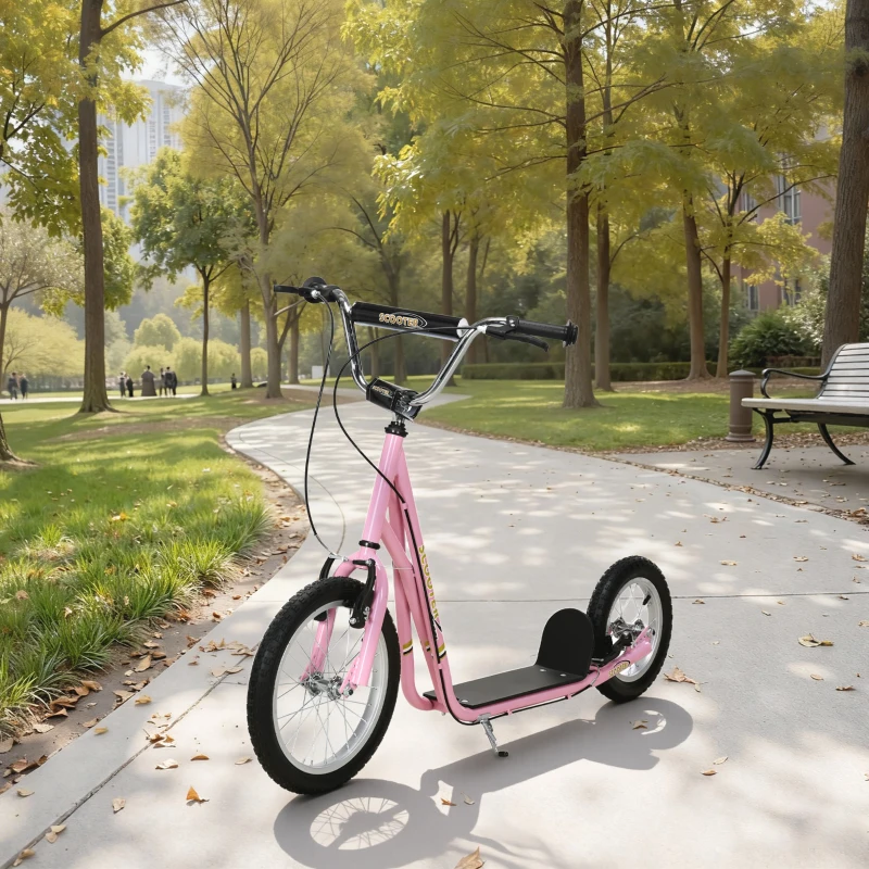 HOMCOM Trottinette patinette Enfant à partir de 5 Ans Grands pneus Guidon réglable poignées Freins et béquille Acier Rose