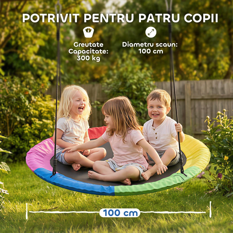AIYAPLAY Leagăn Cuib pentru Copii 3-8 Ani cu Frânghii și Curele, din PE și Material Oxford, 100x100x180 cm, Multicolor
