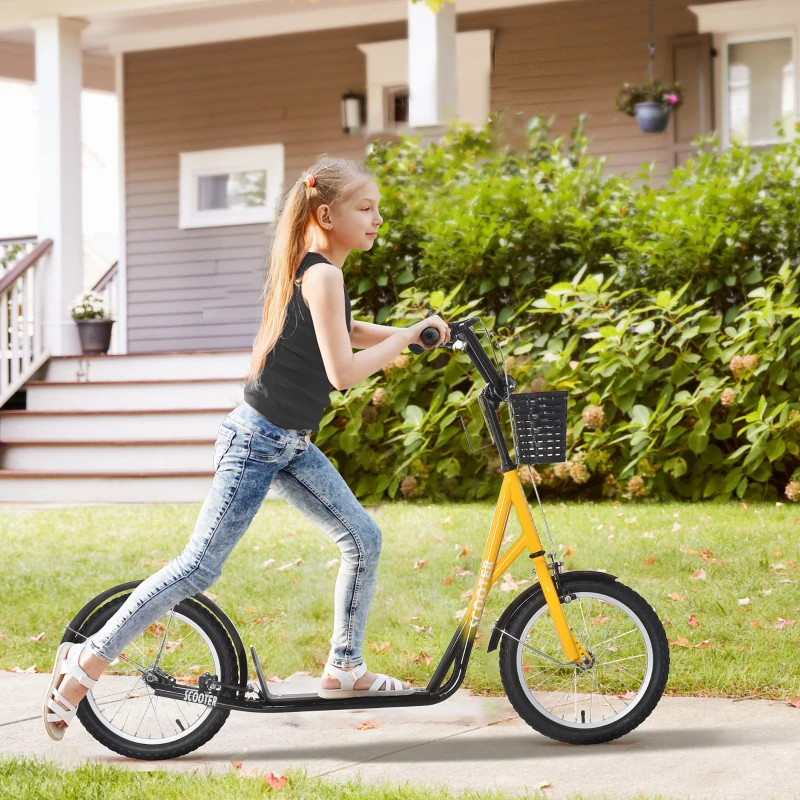 HOMCOM Trottinette patinette Enfant Grandes Roues pneumatiques Guidon réglable Frein AV-AR Garde-Boue béquille Panier métal Jaune Noir