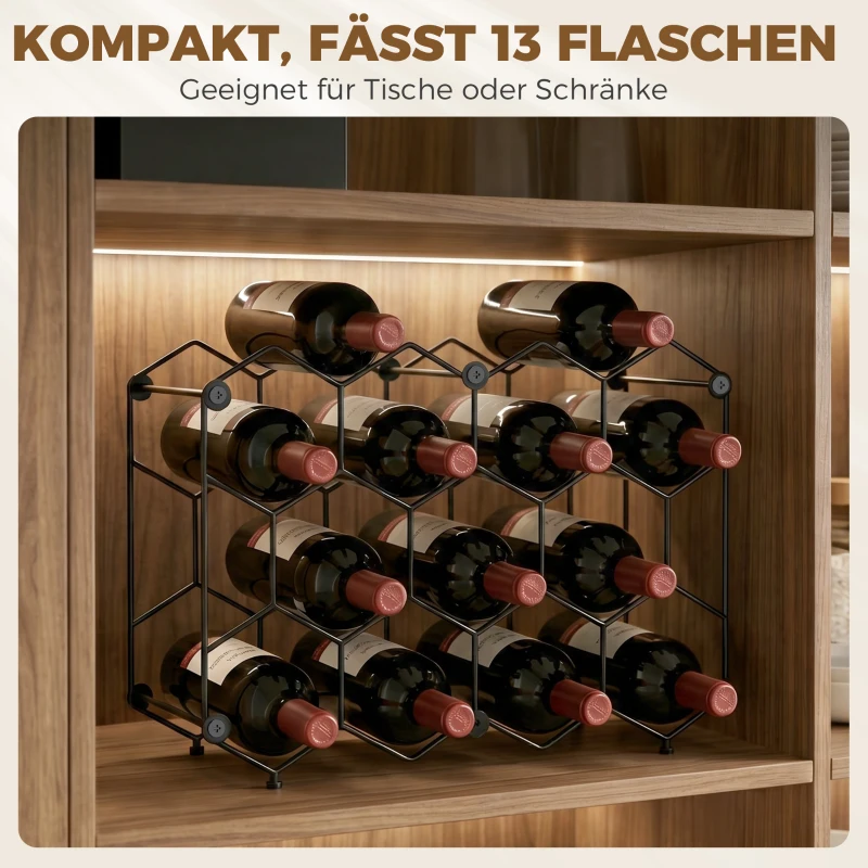 HOMCOM Weinregal für 13 Flaschen Flaschenregal mit Wabendesign Verstellbaren Füßen Kippschutz Metall 43 x 15,5 x 31 cm Schwarz