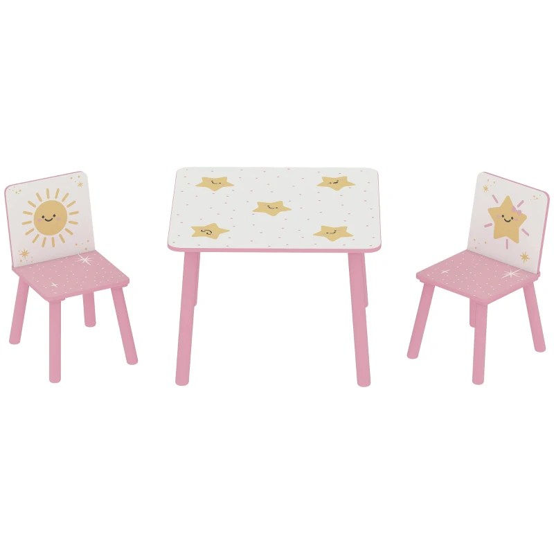 AIYAPLAY Mesa e Cadeiras para Crianças de 3 Peças Mesa Infantil com 2 Cadeiras em Madeira com Desenhos de Estrelas e Sol Rosa