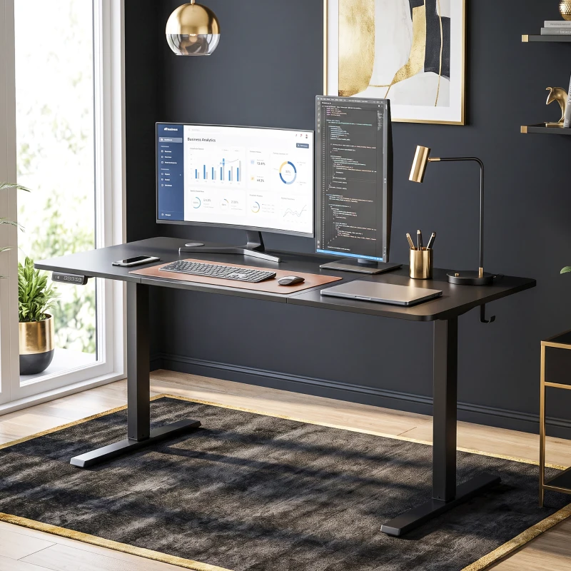 HOMCOM Standing Desk Memory Control Height Adjustable Desk 2 Cable Holes LED Display Sit Stand Desk Black