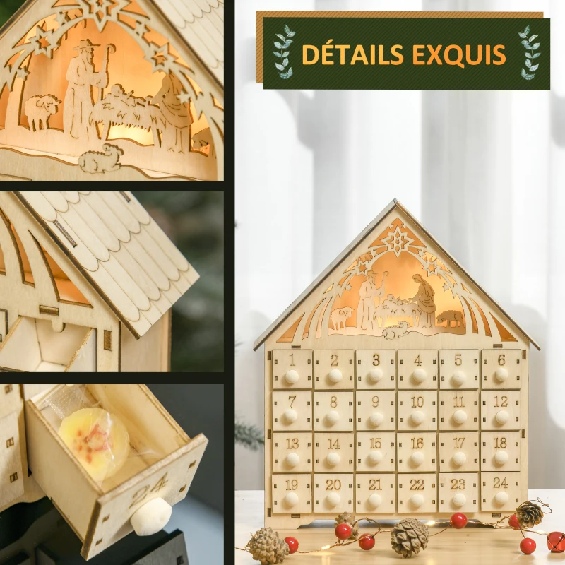HOMCOM Calendrier de l'Avent à remplir en bois, décoration de Noël avec 24 tiroirs et 5 lumières LED, 26,6x6x30cm, bois naturel