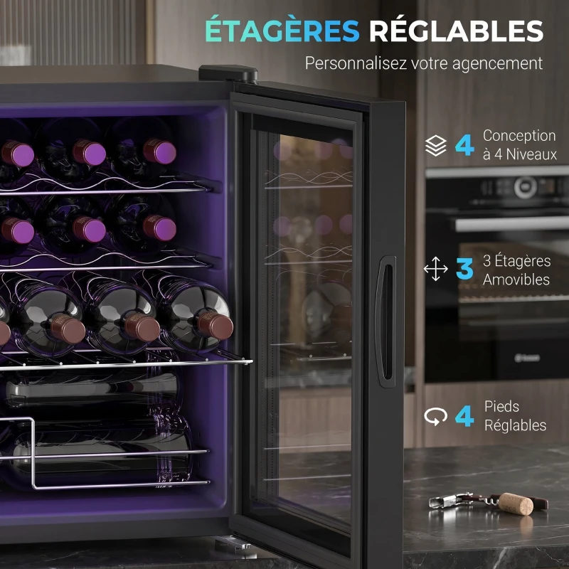 HOMCOM Cave à vin 16 bouteilles 42L, réfrigérateur à vin et boissons avec température réglable 5-18°C, porte en verre, noir