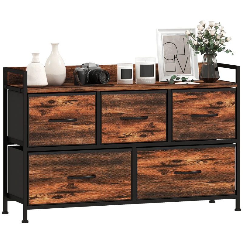 HOMCOM Commode, meuble de rangement avec 5 tiroirs en tissu pliables, plateau et cadre en acier, 98 x 29 x 63 cm, brun rustique