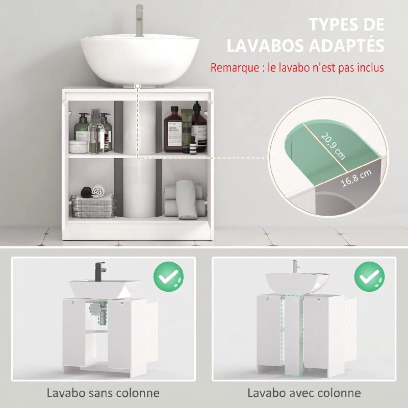 HOMCOM Meuble salle de bain sous Lavabo - meuble sous-vasque - placard 2 portes avec étagère blanc
