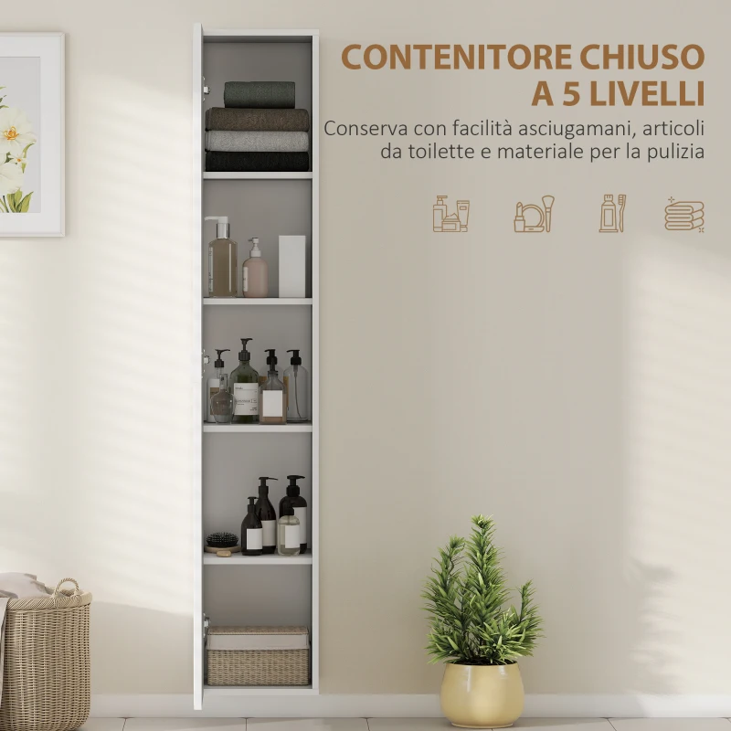 HOMCOM Mobile Bagno Sospeso a Colonna con Ripiani Regolabili e Chiusura Soft Close, 30x31.5x160 cm, Bianco