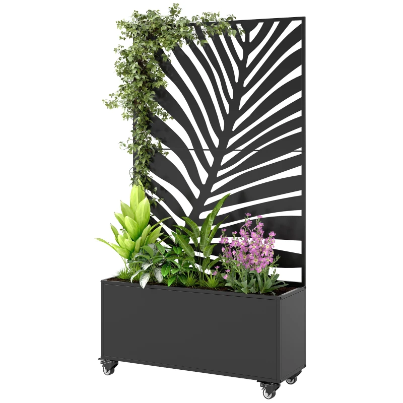 Outsunny Jardinière avec treillis, bac à fleurs, avec brise-vue et roulettes verrouillables, métal, 90 x 30 x 160 cm, noir