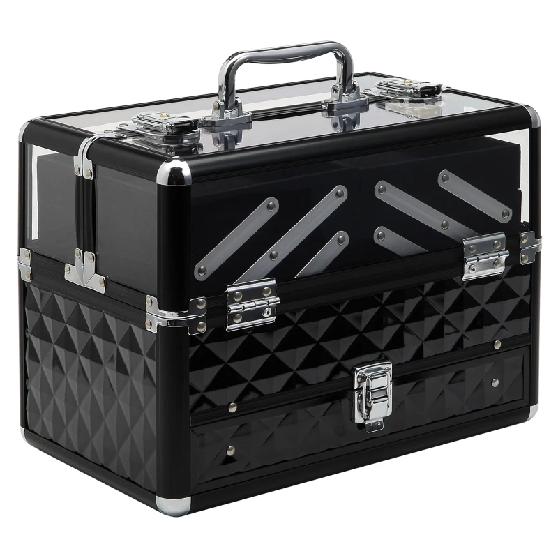 HOMCOM Maletín de Maquillaje Bisutería Organizador Cosméticos Portátil Múltiples Niveles Con Asa y Bandejas Desplegables Aleación de Aluminio 30x18,5x22 cm Transparente y Negro