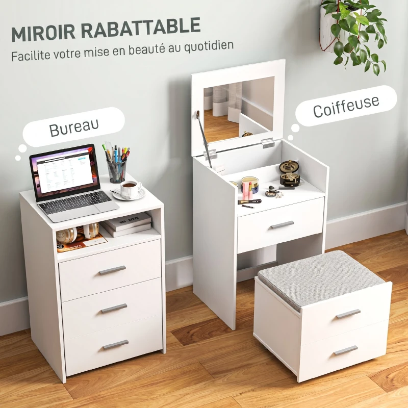 HOMCOM Coiffeuse avec miroir relevable et tabouret à roulettes, table de maquillage avec 2 tiroirs, coussin amovible, blanc(m-4)