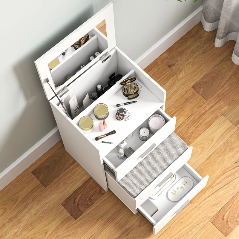 HOMCOM Coiffeuse avec miroir relevable et tabouret à roulettes, table de maquillage avec 2 tiroirs, coussin amovible, blanc(m-8)
