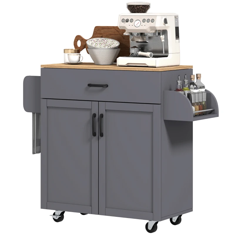 HOMCOM Isla de Cocina con Ruedas con Cajón Armario con Puertas Toallero y Especiero 105x36x85 cm Gris