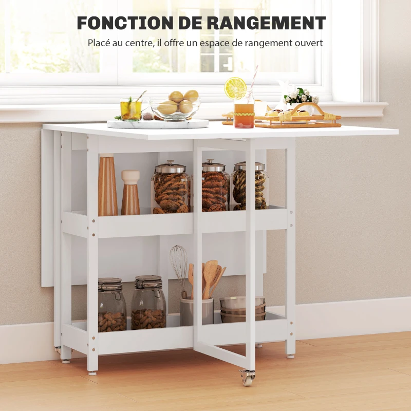 HOMCOM Table à manger pliante sur roulettes 4 personnes avec compartiments ouverts, pour petits espaces, salle à manger, blanc