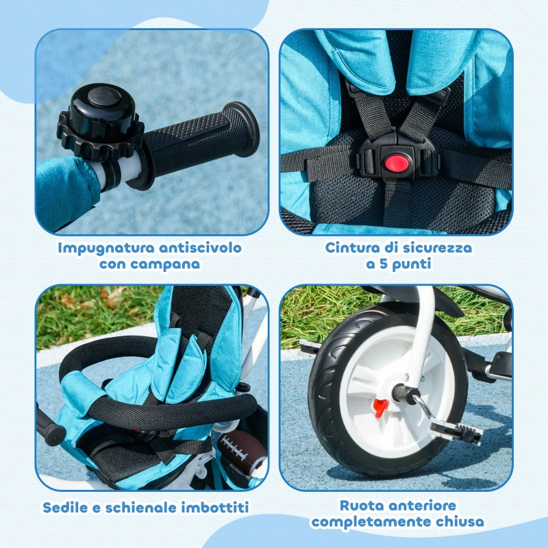 HOMCOM Triciclo per Bambini con Maniglione 6 in 1, Tettuccio Regolabile e Cintura di Sicurezza, Età 1-5 Anni, Blu