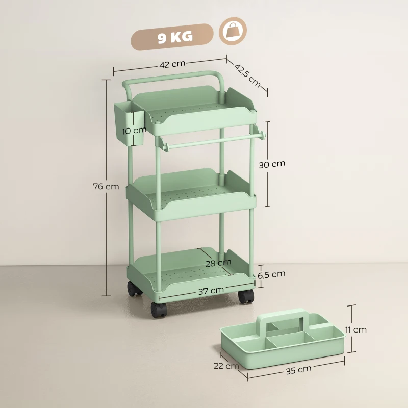 HOMCOM Carrito Auxiliar con Ruedas de 3 Niveles Carrito de Cocina con Cestas Extraíbles y Soporte para Toallas Verde