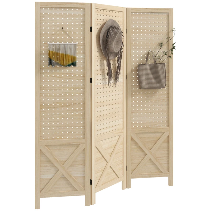 HOMCOM Paravent intérieur en bois 3 panneaux séparateur de pièce pliable panneau perforé 114 x 1,7 x 144,5 cm bois naturel