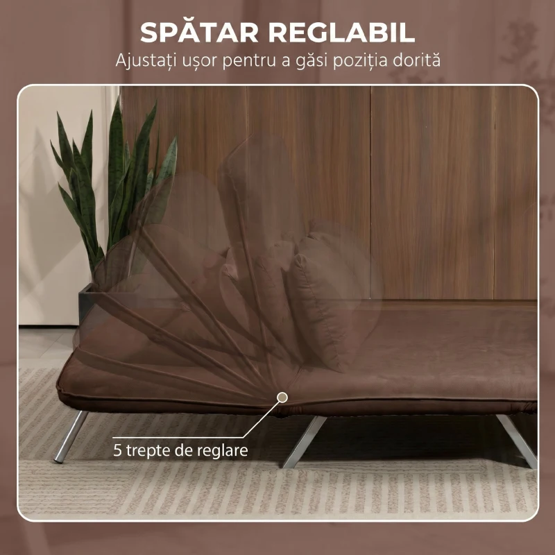 HOMCOM Canapea Extensibilă 2 Locuri din Piele Întoarsă Sintetică cu Spătar Reglabil și 2 Perne, Maro Închis