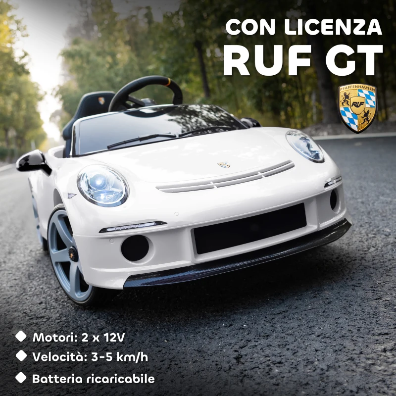 AIYAPLAY Macchina per Bambini 3-5 Anni con Licenza Ufficiale RUF GT, Telecomando, Cintura di Sicurezza e Musica, Bianco