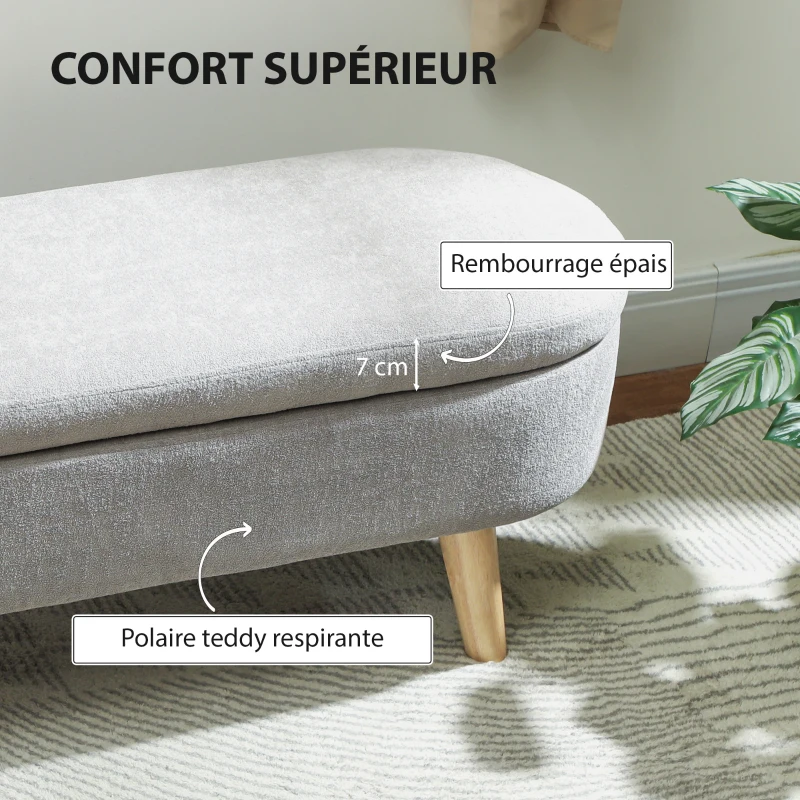 HOMCOM Banc banquette bout de lit coffre de rangement 2 en 1 en tissu avec pieds en bois 110l x 40P x 43H cm gris clair