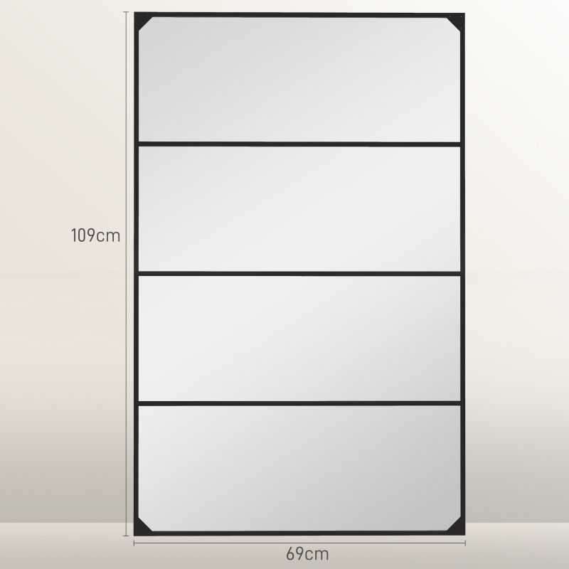 HOMCOM Specchio da Parete in Stile Industriale con 4 Ganci, in Vetro Multistrato, Metallo e MDF, 109x2x69 cm, Nero