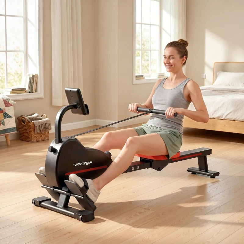 SPORTNOW Rameur Magnétique Appareil de Musculation Bluetooth Connecté Kinomap & Zwift 16 Niveaux de Résistance 135x42x72cm Rouge