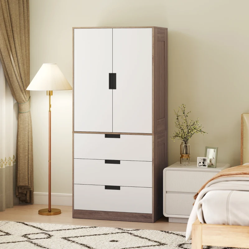 HOMCOM Modern Clothes Storage Cupboard Unit, 3 Drawer 2 Door Wardrobe with Hanging Rod, White/Brown