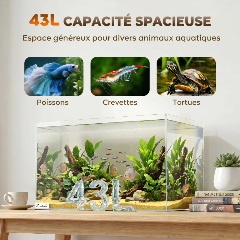 PawHut Aquarium 43L en Verre Trempé avec Tapis de Protection Pour Poissons, Crevettes, Tortues, 50 x 30 x 30 cm, Transparent
