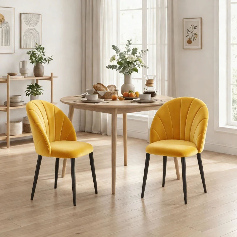 HOMCOM Set 2 Sedie da Pranzo Imbottite con Schienale a Conchiglia in Velluto, 52x55x79 cm, Giallo
