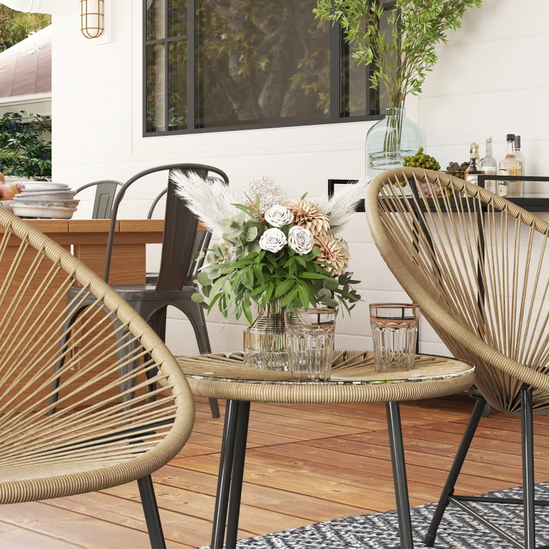 Outsunny Salon de jardin extérieur en résine tressée 2 personnes, plateau en verre trempé, pour balcon terrasse patio, naturel