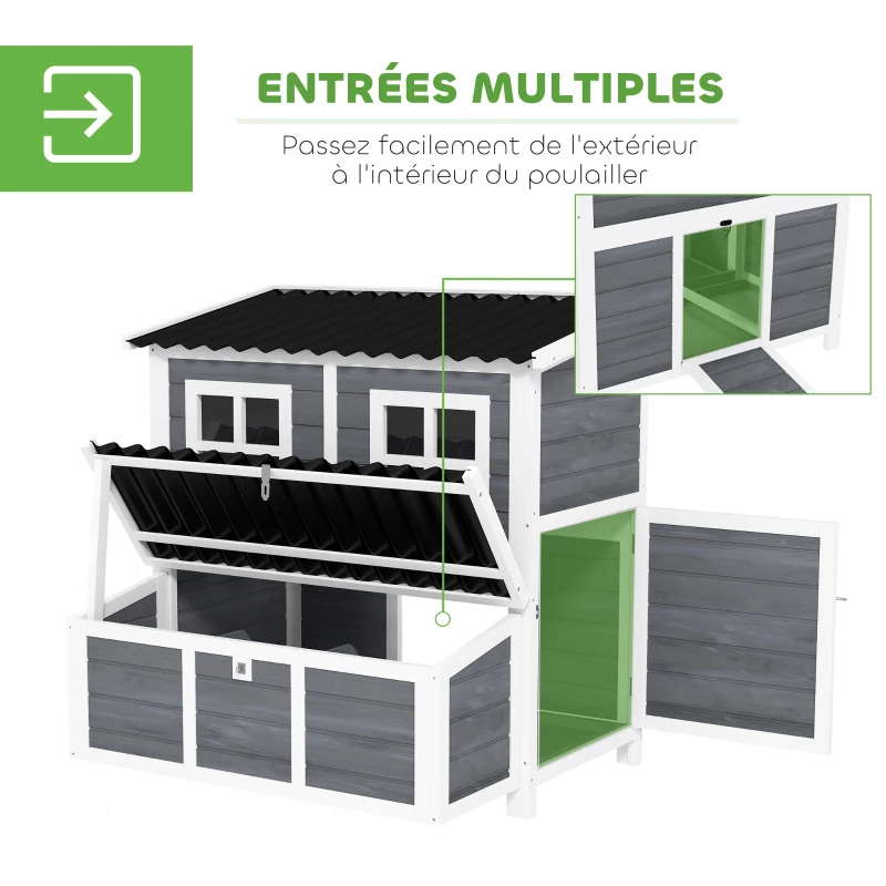 PawHut Poulailler en bois XL avec nichoir 3 compartiments tiroir amovible toit imperméable porte-rampe 100x86x100cm gris