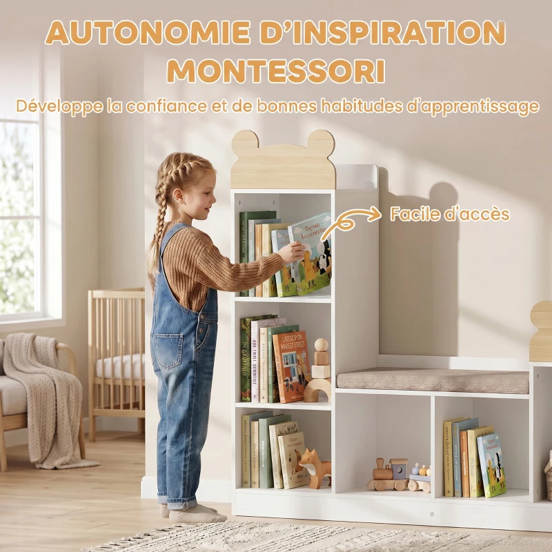 AIYAPLAY Bibliothèque Enfant, Meuble Rangement Enfant 3 en 1 avec Banc, 6 Compartiments, 2 Étagères, Coussin d'Assise, Blanc