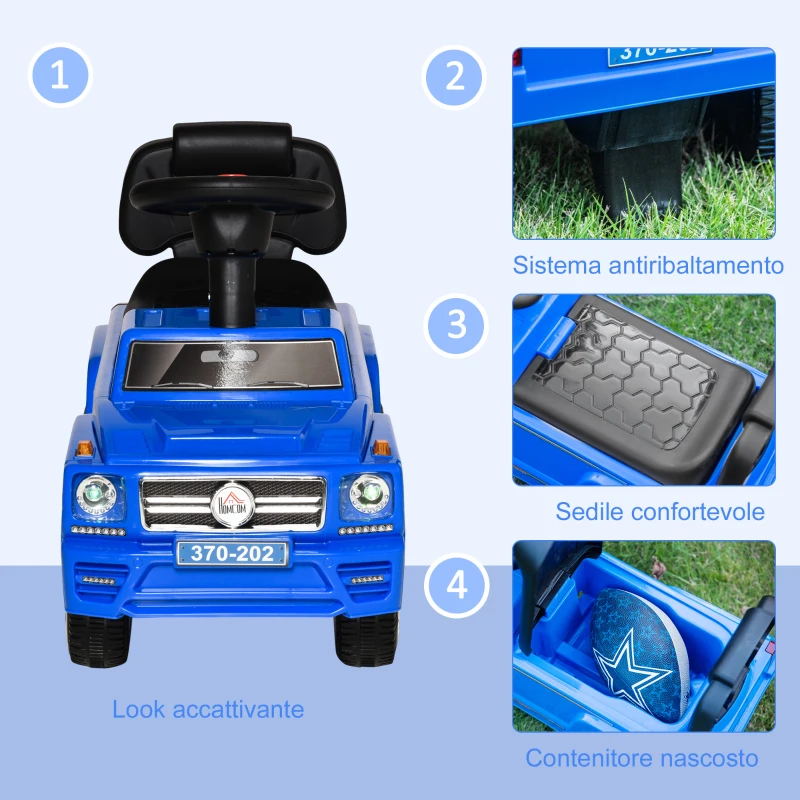 HOMCOM Macchina Giocattolo Cavalcabile Fuoristrada per Bambini con Fari e Musiche, Età 18-36 Mesi, Blu