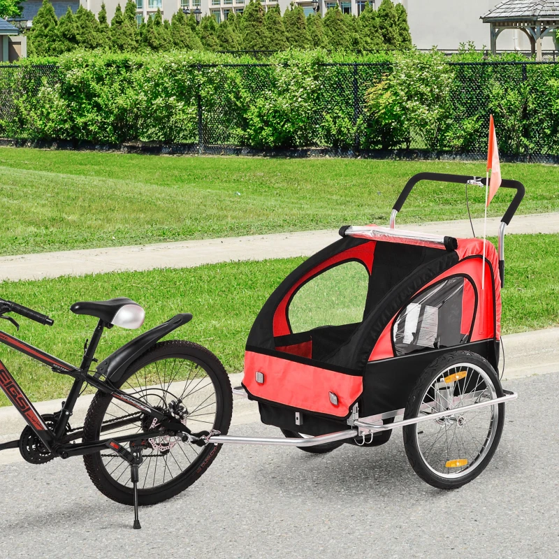 HOMCOM Remolque de Bicicleta para Niños de 2 Plazas con Amortiguadores para Correr con Barra y Kit de Footing 142x85x105cm Rojo
