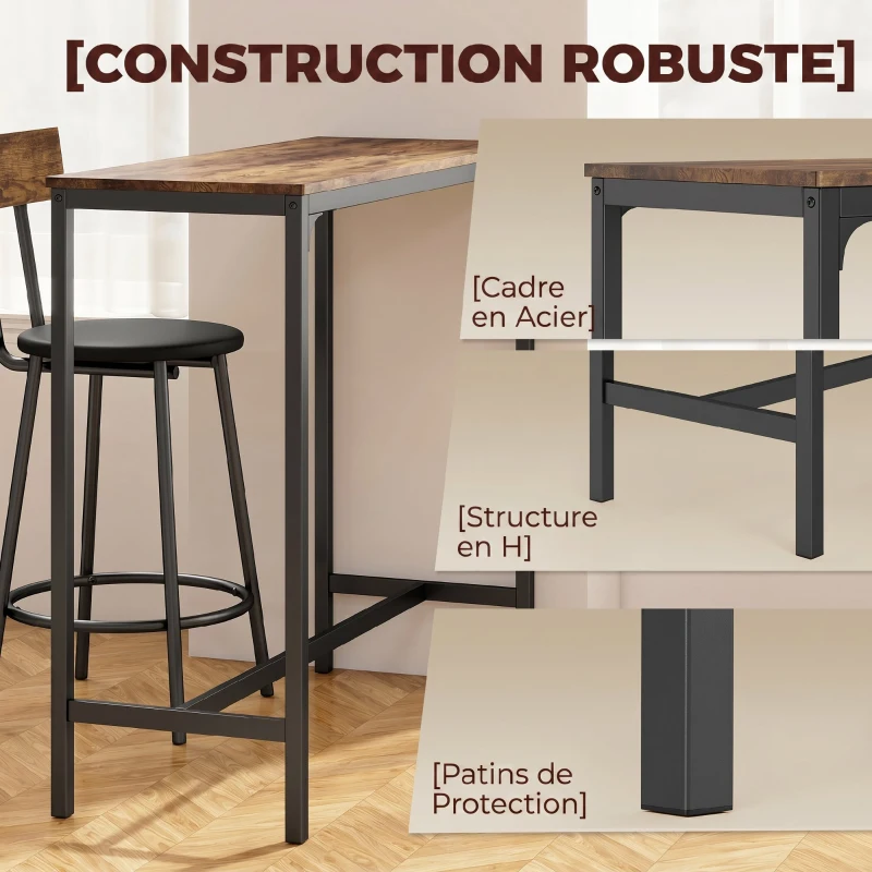 HOMCOM Ensemble Table de Bar avec 2 Tabourets, Table Haute de Cuisine et 2 Chaises de Bar Rembourrées PU, Repose-Pieds, Marron
