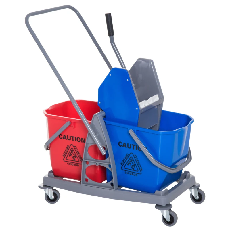 HOMCOM Carro de Limpieza Profesional Carro de Fregado de Metal con 2 Cubos de 25 Litros Extraíbles Escurridor Prensa Manual y 4 Ruedas 73x45x92 cm Rojo y Azul