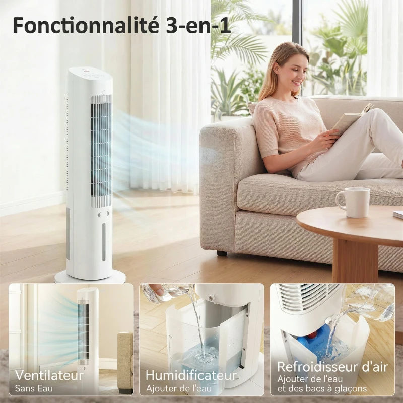 HOMCOM Refroidisseur d'air colonne 3 en 1 refroidisseur humidificateur ventilateur, oscillation 48°, 3 vitesses 3 modes, blanc