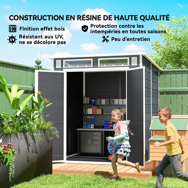Outsunny Abri de Jardin en Résine Cabanon de Rangement Double Porte 3 Fenêtres et 2 Aérations Anti-UV avec Plancher 3,3 m² Gris