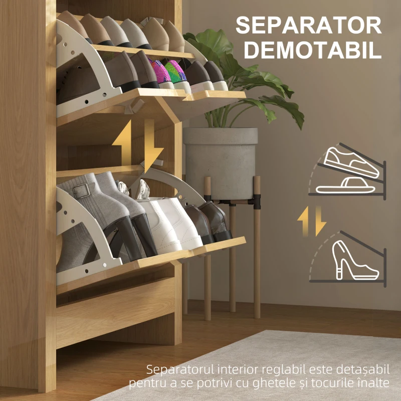 HOMCOM Dulap Slim pentru 18 Pantofi, 3 Sertare cu 2 Rafturi Reglabile, 72x26x112 cm, Lemn Natural