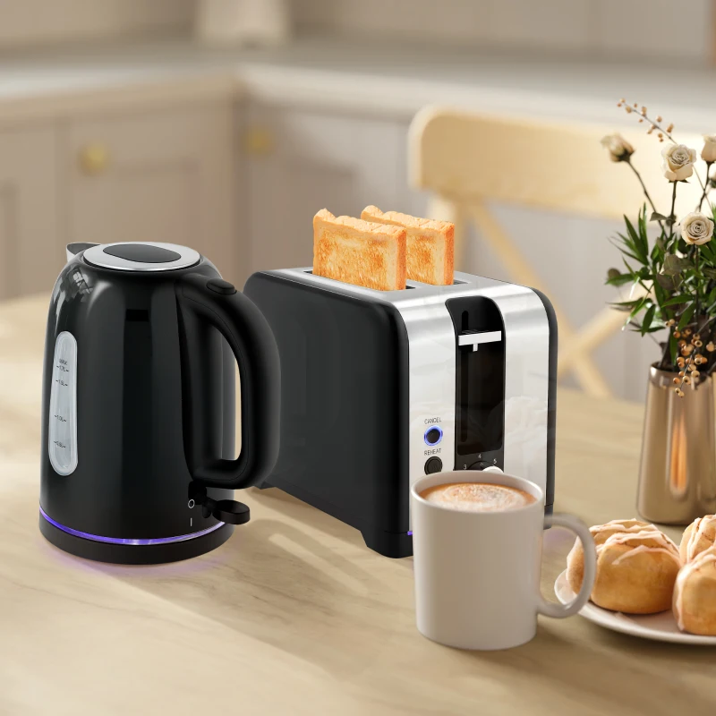 HOMCOM Simple Polished Toaster and Kettle Set - Black