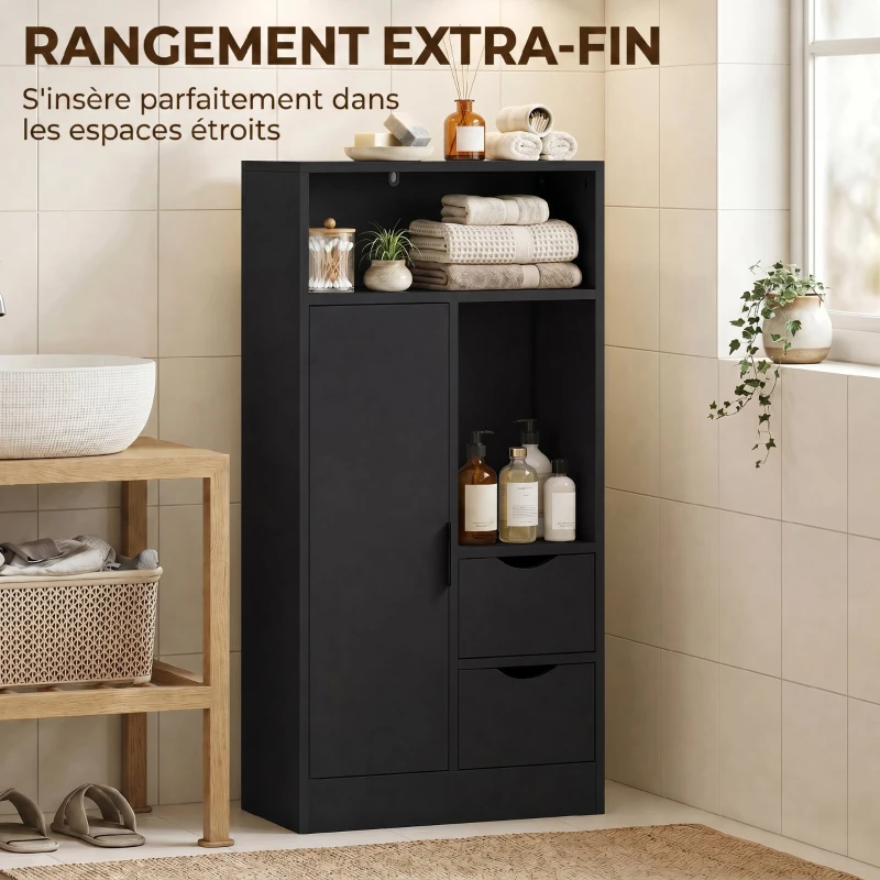 HOMCOM Meuble de salle de bain, meuble de rangement étroit avec 2 tiroirs, compartiments ouverts, 50x25x100cm, noir
