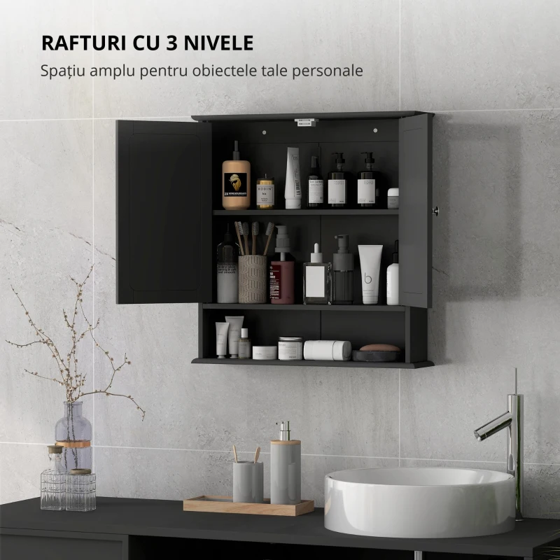 kleankin Dulap de baie cu oglindă Dulap de perete cu 2 uși Raft deschis Raft reglabil 56x13x58cm Negru