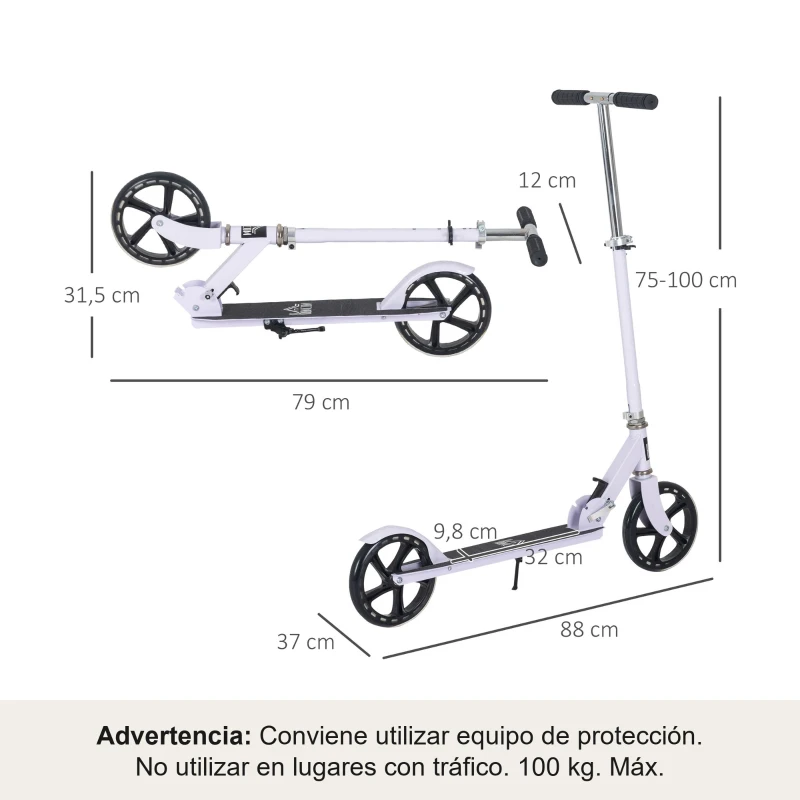 HOMCOM Patinete Plegable para Niños de 7-14 Años Scooter Infantil Manillar Ajustable en Altura de 4 Niveles con Freno Blanco