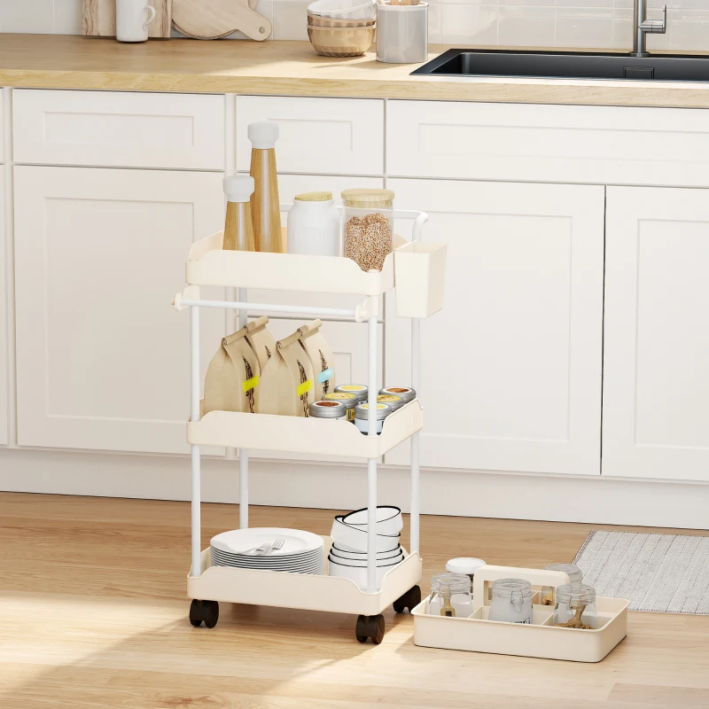 HOMCOM Carrito Auxiliar con Ruedas de 3 Niveles Carrito de Cocina con Cestas Extraíbles y Soporte para Toallas Blanco