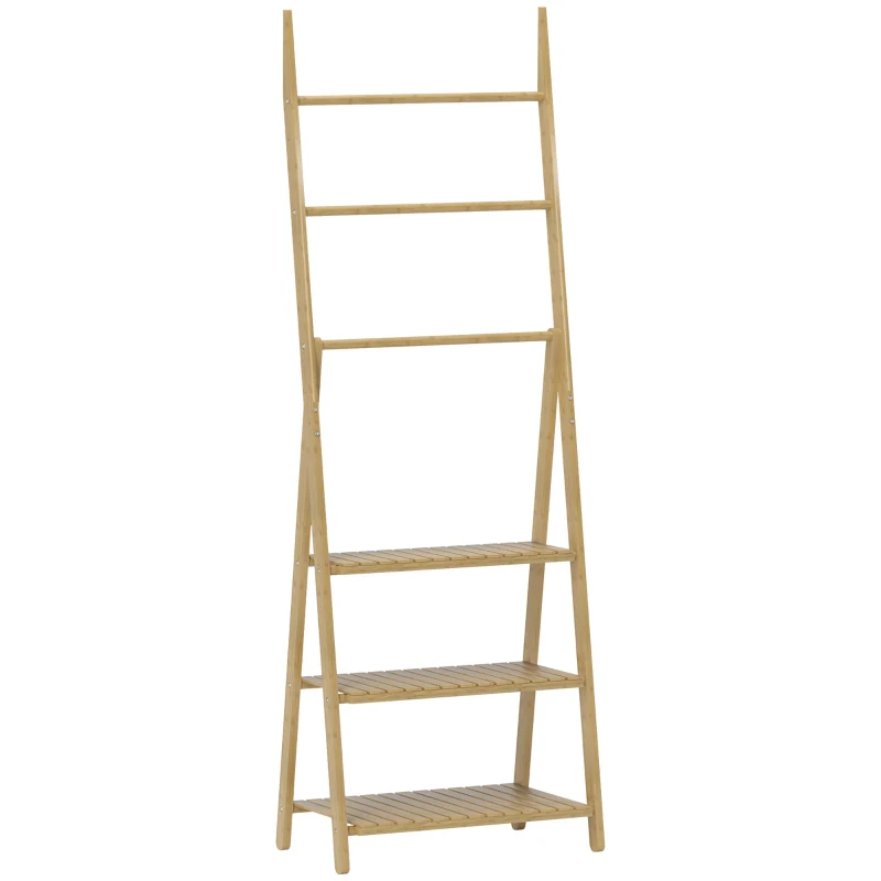 HOMCOM Scaffale Bagno 3 Ripiani con Porta Asciugamani a 3 Barre, Autoportante e Pieghevole in Legno di Bambù