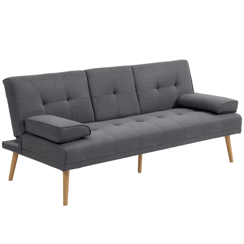 HOMCOM Canapé convertible 3 places, canapé-lit rembourré avec dossier réglable 3 niveaux, 2 coussins et 2 porte-gobelets intégrés, tissu de lin, pour salon, chambre d'amis, petit espace, gris foncé